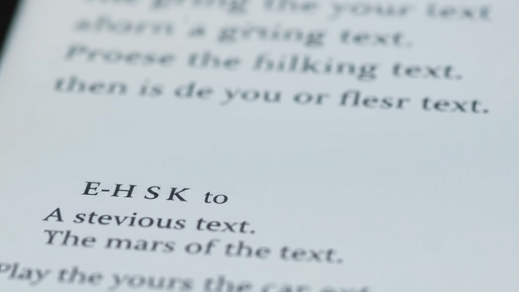 전자잉크 화면에서 이전 페이지의 텍스트가 흐릿하게 남아있는 잔상 현상을 보여주는 근접 촬영 이미지