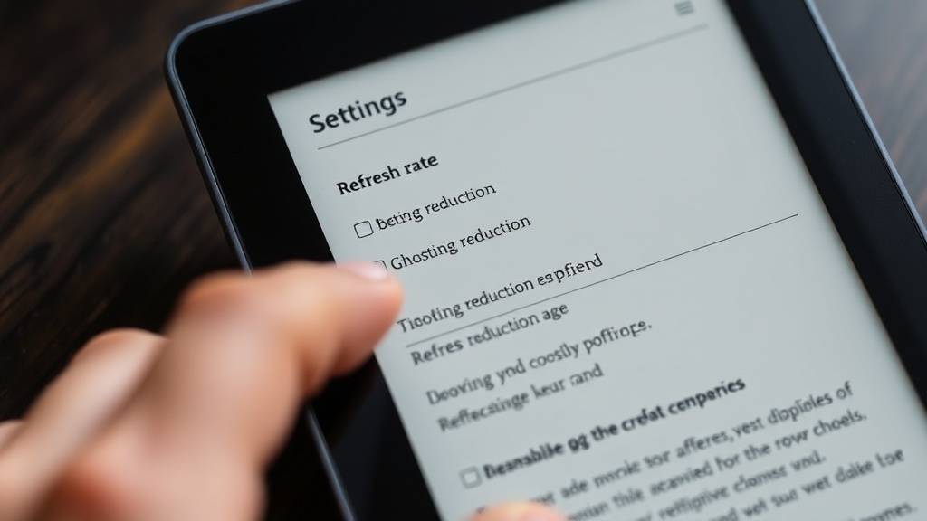 e북 리더기 설정 화면에서 리프레시 주기와 모드를 변경하는 사용자의 손