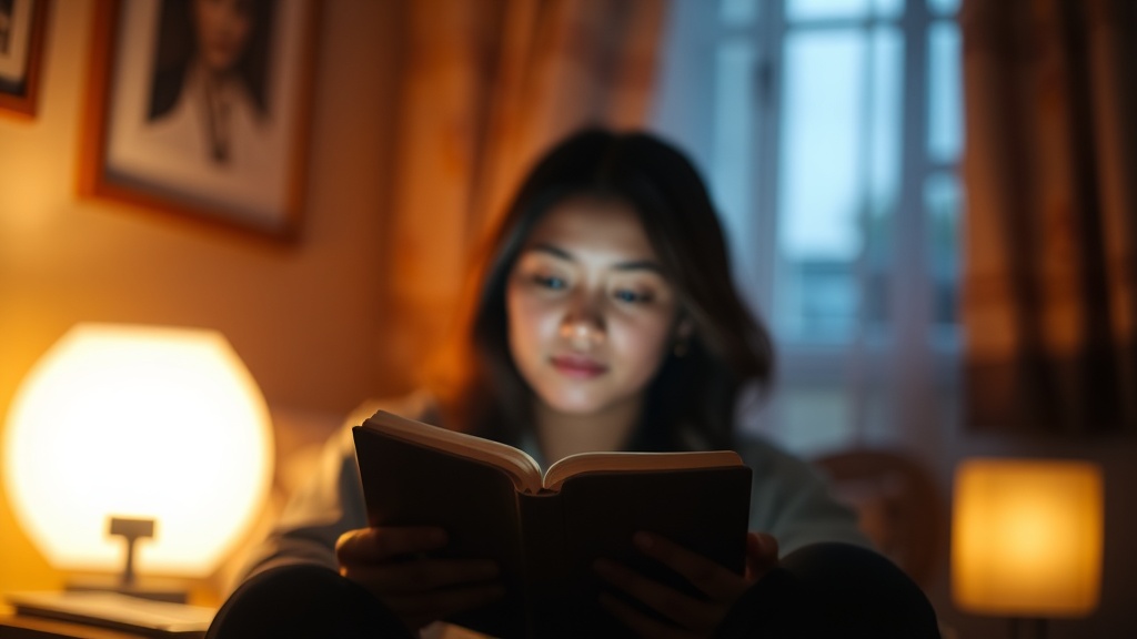 어두운 환경에서 따뜻한 색온도의 프론트라이트를 켜고 전자책을 읽고 있는 모습